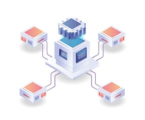 Server chip network in isometric illustration