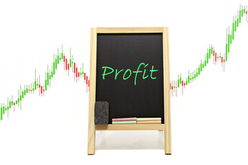 Text profit Blackboard,chalk and blackboard eraser,price chart bar graph isolated on white  background.