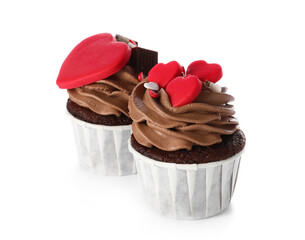 Tasty chocolate cupcakes for Valentine's day on white background
