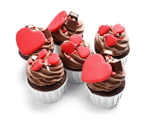 Tasty chocolate cupcakes for Valentine's Day on white background