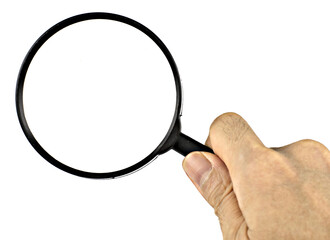 Magnifying glass on man hand isolated on white  background.