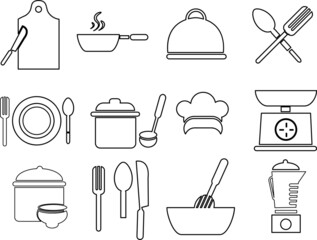 Cooking line icons. Boiling time, Frying pan and Kitchen utensils. Fork, spoon and knife line icons. Recipe book, chef hat and cutting board..eps