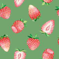 Seamless strawberry pattern. Watercolor illustration. Isolated on a green background. For design.
