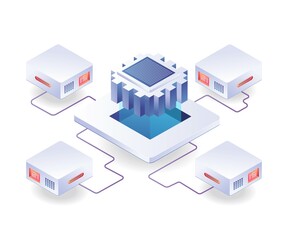 Server chip network in isometric illustration