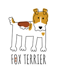 Fox terrier. Cute stylized dog drawn with spots and lines on a white background.