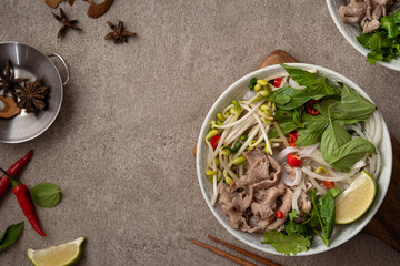 Obraz na płótnie Canvas Delicious vietnamese beef noodles pho with ingredients.