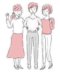 手描き1color 　3人のビジネスウーマン　腰を組んでガッツポーズ