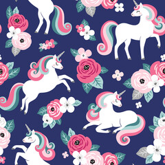 Seamless vector pattern with cute unicorns on floral background. Perfect for textile, wallpaper or print design.  © MirabellePrint