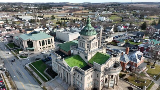 Somerset County, Pennsylvania. Wide aerial approach Court House government building. Rural PA USA
