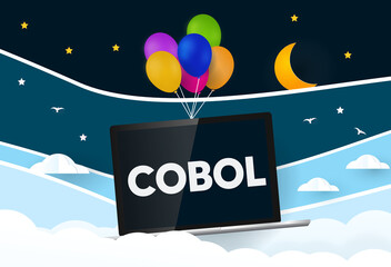 Cobol  programming language... Balloons carries laptop with word Cobol 
