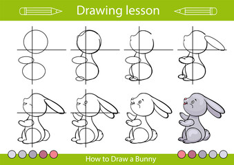 Drawing lesson a cute bunny. Worksheet how to draw for children tutorial step by step. Kids drawing activity page. Children vector illustration. - obrazy, fototapety, plakaty