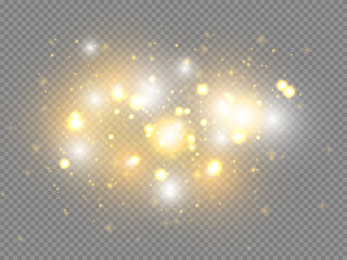 The dust sparks and golden stars shine with special light. Vector sparkles on a transparent background. Christmas light effect. Sparkling magical dust particles.
