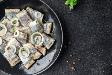 herring salted piece plate seafood fish meal food snack on the table copy space food background