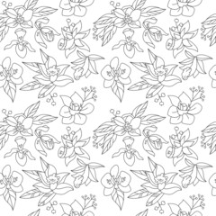 Seamless floral contour pattern with tropic and exotic flowers. Endless monochrome botanical texture for your design.