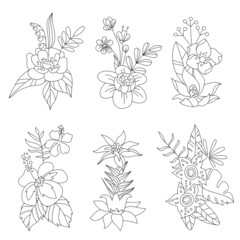 Set with different exotic contour flowers and leaves. Collection with botanical monochrome elements for your design.
