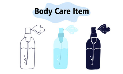 Body spray with a pleasant aroma in a blue jar with a pulivilizer. Self-care. In color, solid and linear style. Vector illustration.