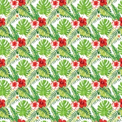  tropical leaf white background palm and alblscus monstera white background Seamless Pattern Design © TriDraw