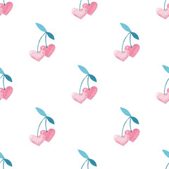 Watercolor seamless pattern with cherry. Valentine's Day. Ideal for packaging, textile, desing.