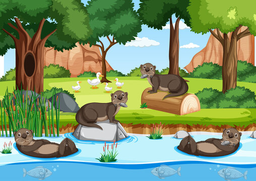 River in the forest with wild animals