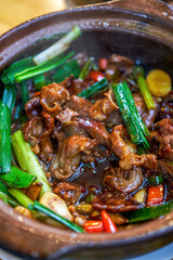 A pot of delicious authentic traditional Cantonese cuisine, Keijia pot, pork lean meat pot