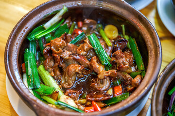 A pot of delicious authentic traditional Cantonese cuisine, Keijia pot, pork lean meat pot