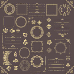 Vintage set of vector horizontal, square and round elements. Golden elements for backgrounds, frames and monograms. Classic patterns. Set of vintage patterns - 479901639