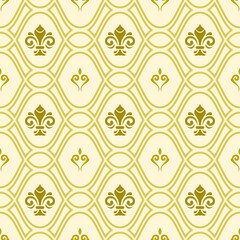 Seamless vector golden pattern. Modern geometric ornament with golden royal lilies. Classic vintage background