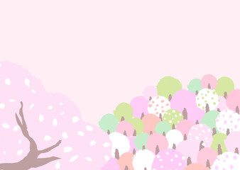 桜咲く山の風景　ほっこり、はんなりとしたやさしい色使いの背景イラスト