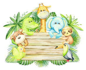 Fototapeta premium elephant, giraffe, monkey, crocodile, toucan, parrot, tropical leaves, wooden background. watercolor concert, in cartoon style, on an isolated background.