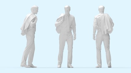 3D rendering of a casual business man front side and back view. Computer render model isolated silhouette.