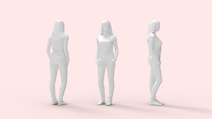 3D rendering of a young casual female posing isolated on empty studio background. SIlhouette and multiple views.