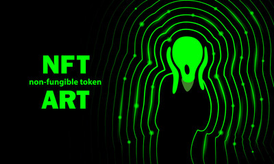 NFT art banner with The Scream picture. Abstract neon digital art with screaming outline silhouette by Edvard Munch. - obrazy, fototapety, plakaty