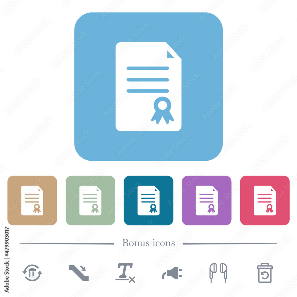 Poster certificate document solid flat icons on color rounded square backgrounds