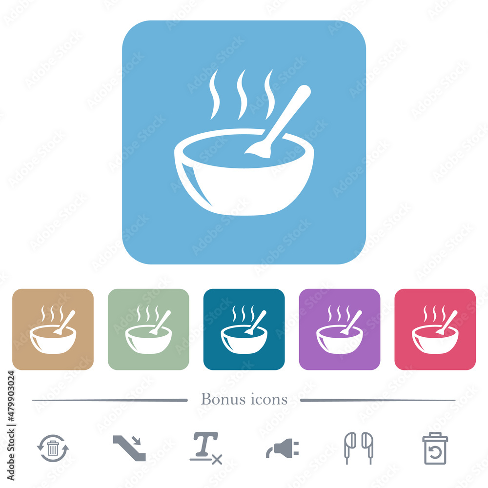 Poster glossy steaming bowl of soup with spoon flat icons on color rounded square backgrounds