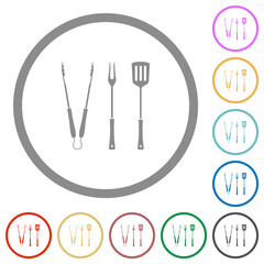 Fototapeta premium Barbecue tongs and fork and spatula solid flat icons with outlines