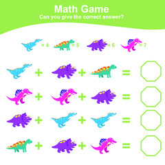 Dinosaurs theme Math Game for Preschool. Dinosaurs math worksheet. Educational printable math worksheet. Additional and subtraction math for kids. Vector file.