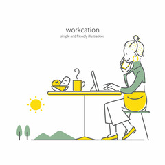 ワーケーションでのびのび働くフリーランサー　シンプルでお洒落な線画イラスト