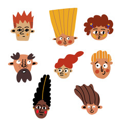 A set of bizarre portraits of people of different genders and different nationalities. Vector abstract illustration.