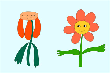 Fancy flowers with emotions and eyes in the style of the 60s and 70s. Vector illustration