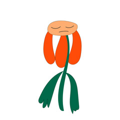 A bizarre sad flower with eyes in the style of the 60s and 70s, on a white background. Vector illustration