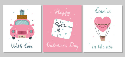 A set of Valentine's Day cards. Cute pink car with gifts, gift box, balloon heart. Vector love illustration