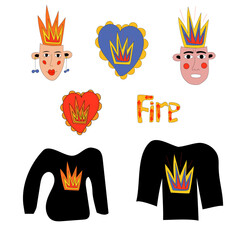 Vector illustration of fire in the head, heart, soul. A set of bright icons in the style of the 60s -70s.
