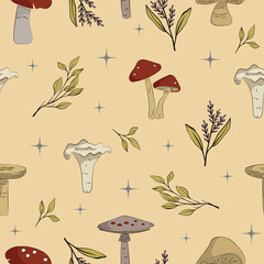 Seamless mushroom pattern on pastel background