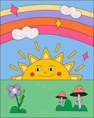 Vector illustration of the sun, rainbow, flowers, mushrooms in the psychedelic style of the 60s - 70s.