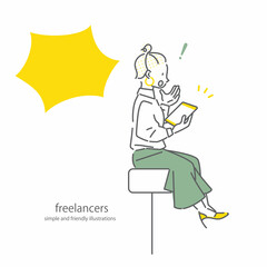 カフェでテレワークをするお洒落な女性　シンプルでお洒落な線画イラスト