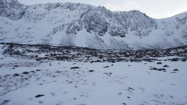 Aerial drone footage slowly approaching the headwall of Coire an t-Sneachda in the Cairngorm mountains of Scotland in snow, ice and full winter mountaineering conditions.