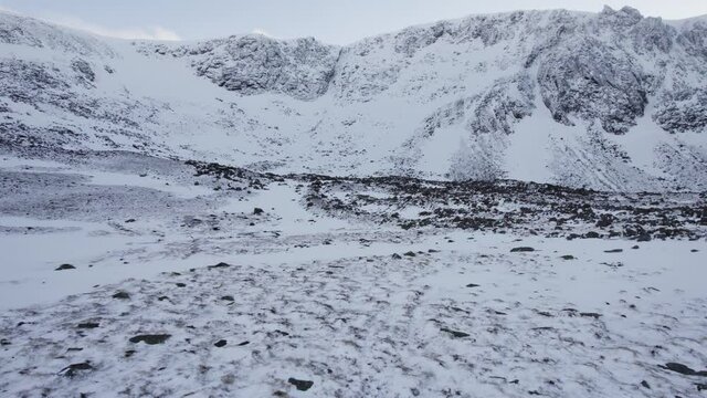 Aerial drone footage panning around the headwall of Coire an t-Sneachda in the Cairngorm mountains of Scotland in snow, ice and full winter mountaineering conditions to reveal gullies and couloirs.