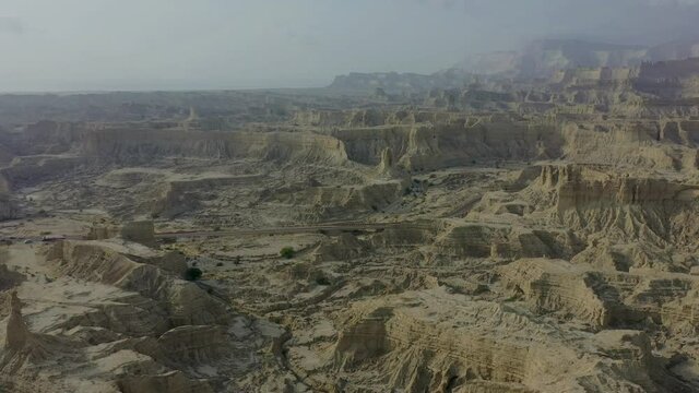 Aerial Over Epic Arid Mountain Landscape Of Hingol National Park In Balochistan. Circle Dolly