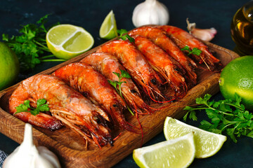 Close up Fried langoustines and shrimps on a plate. Pickled in garlic and lime. Top view