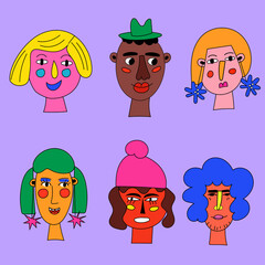 A set of bizarre portraits of people of different genders and different nationalities in bright colors. Vector abstract illustration.